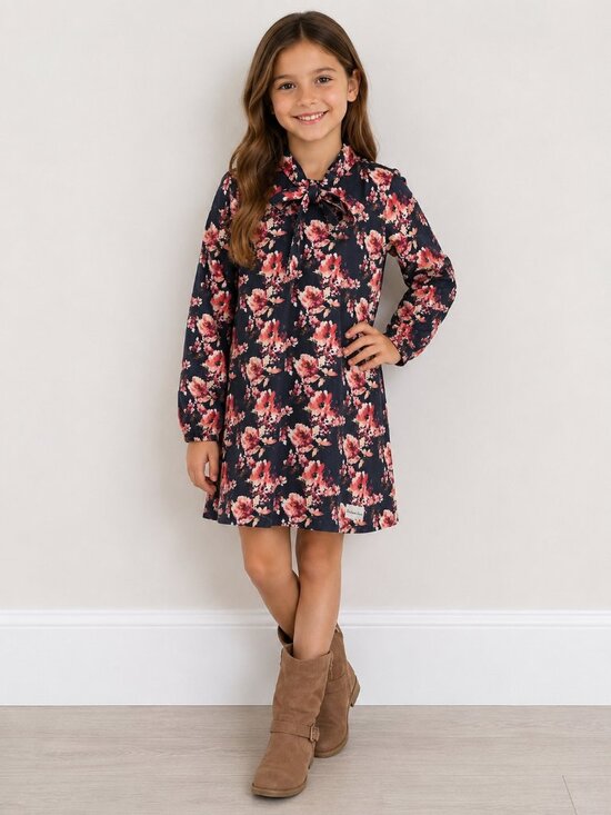 Makena Lane Other - Makena Lane Grey & Pink Floral Long Sleeve Girl's Dress with Neckline Bow Size 8